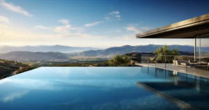 modern glass swimming pool filled with blue water