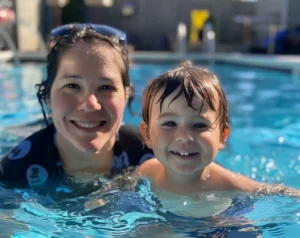 mom and her son doing their at home swim lessons