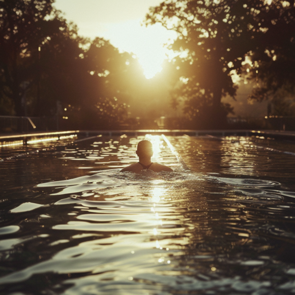 swimming in a pool with the sun rising over the still water