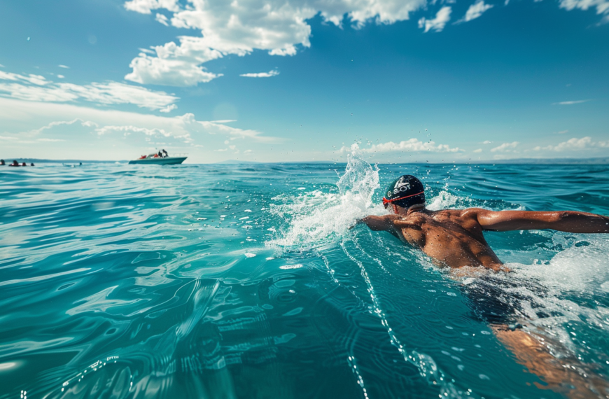 swimmR - We Are Swimming 156 man swimming in the ocean with a rescue boat in the backround