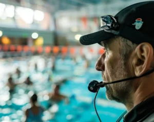 swimming coach with a whistle look