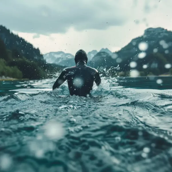 swimmR - We Are Swimming 13 an athlete in a wetsuit doing his triathlon swim training in a lake
