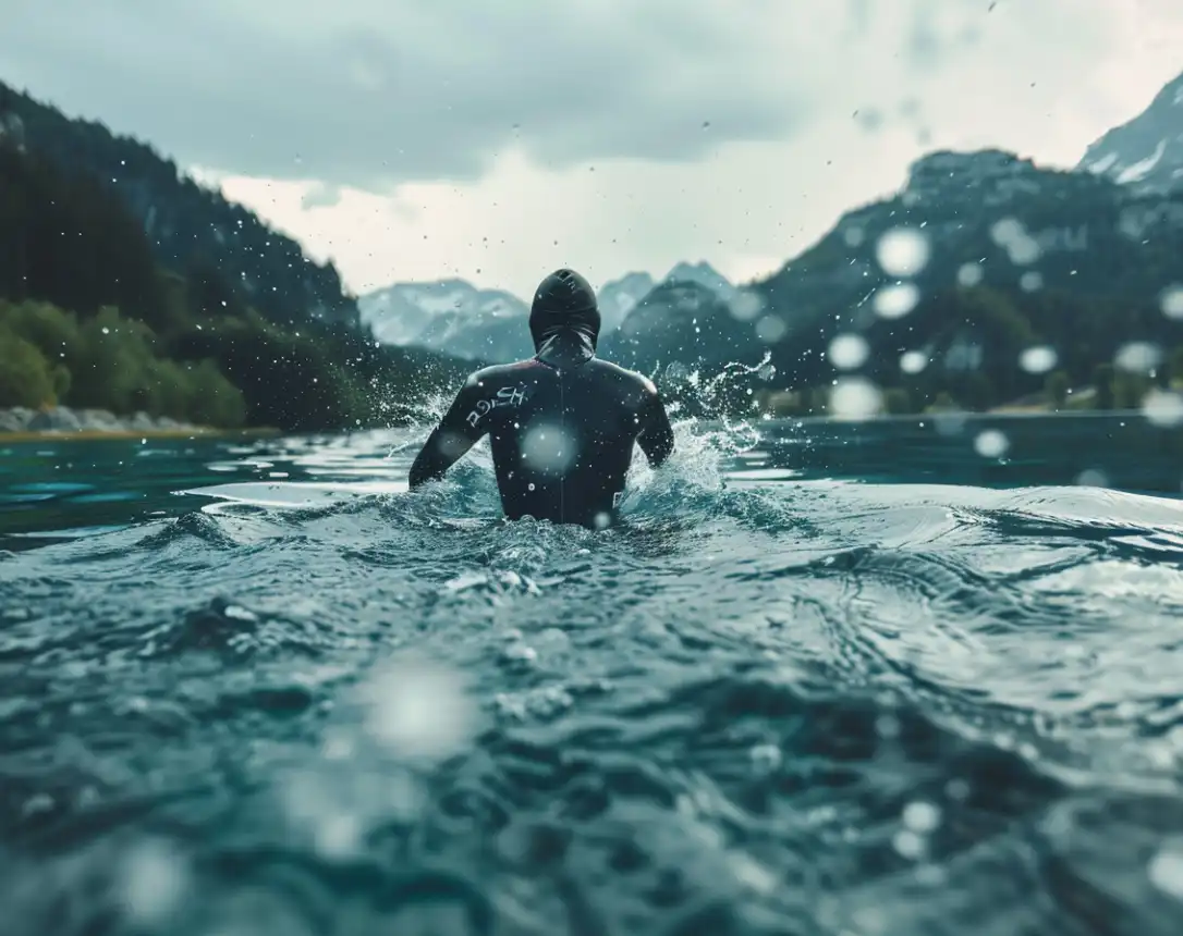 an athlete in a wetsuit doing his triathlon swim training in a lake