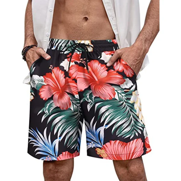 Hawaii-Vacation-Beach-Shorts-For-Men-Casual-Short-Pants-3D-Printed-Flower-Elastic-Bandage-Board-Shorts-2 Tropical Hawaiian Swim Trunks