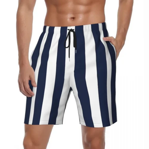 Summer-Board-Shorts-Men-Navy-Blue-Stripe-Sports-Fitness-Fashion-Beach-Short-Pants-Classic-Breathable-Swimming Navy Blue Swim Trunks