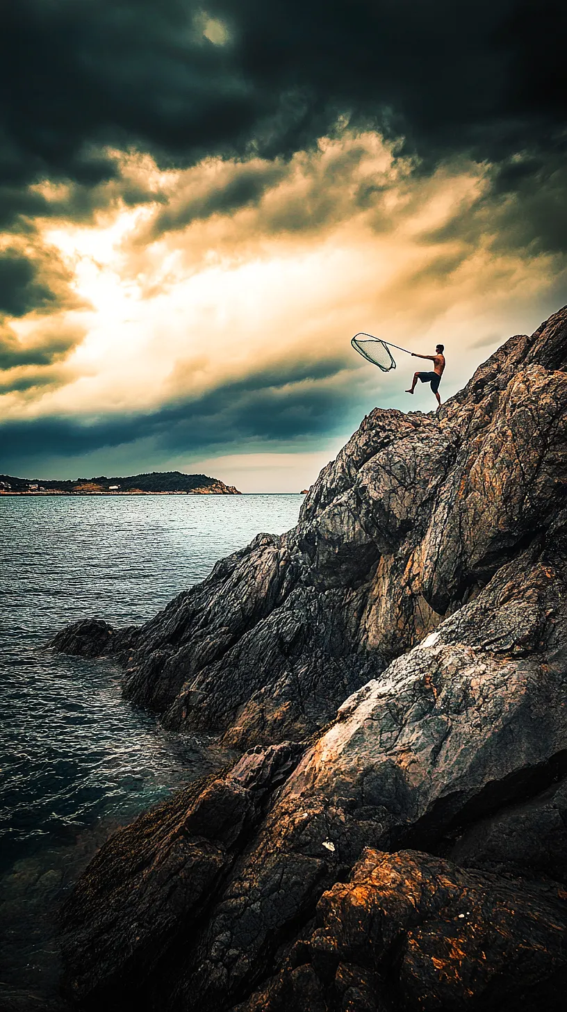 30+ Fisherman Aesthetic Wallpaper Ideas You Can't Get Around on Internet Right Now 22 Person standing on the edge of a rocky cliff, preparing to cast a fishing net into the turbulent sea under a dramatic sky with warm light piercing through dark clouds, embodying a sense of adventure, danger, courage, and beauty.