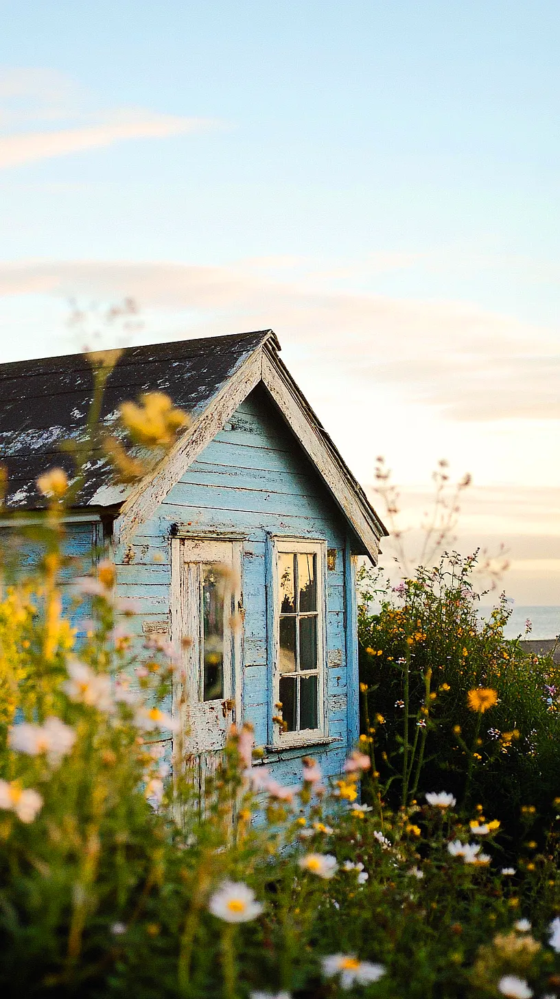 30+ Fisherman Aesthetic Wallpaper Ideas You Can't Get Around on Internet Right Now 20 A small, weathered blue wooden house nestled in a field of vibrant wildflowers under a clear, bright sky, embodying the rustic charm of countryside living and creating a sense of peace and tranquility.