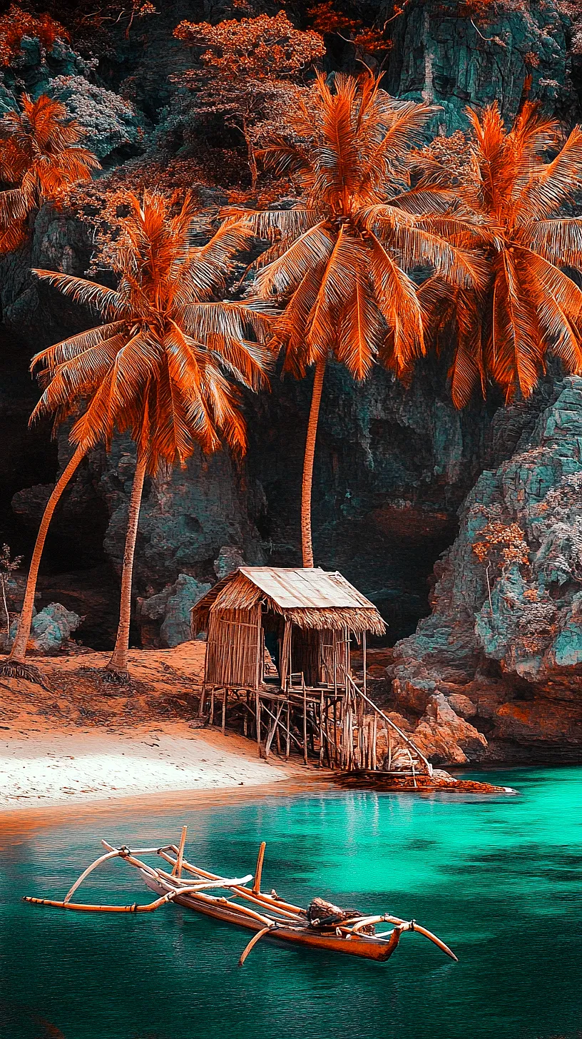 30+ Fisherman Aesthetic Wallpaper Ideas You Can't Get Around on Internet Right Now 15 Image of a serene tropical paradise showing a wooden hut and outrigger canoe by a turquoise sea, surrounded by foliage in vibrant shades of orange, symbolizing adventure, freedom, and the beauty of nature.