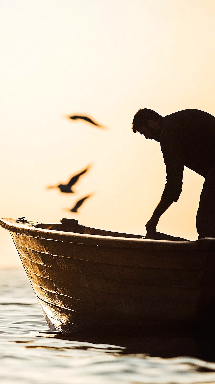30+ Fisherman Aesthetic Wallpaper Ideas You Can't Get Around on Internet Right Now 12 A person navigating a boat on calm waters under a warm, glowing sky at either dawn or dusk, with three birds soaring overhead, highlighting the tranquil beauty and mystery of nature.