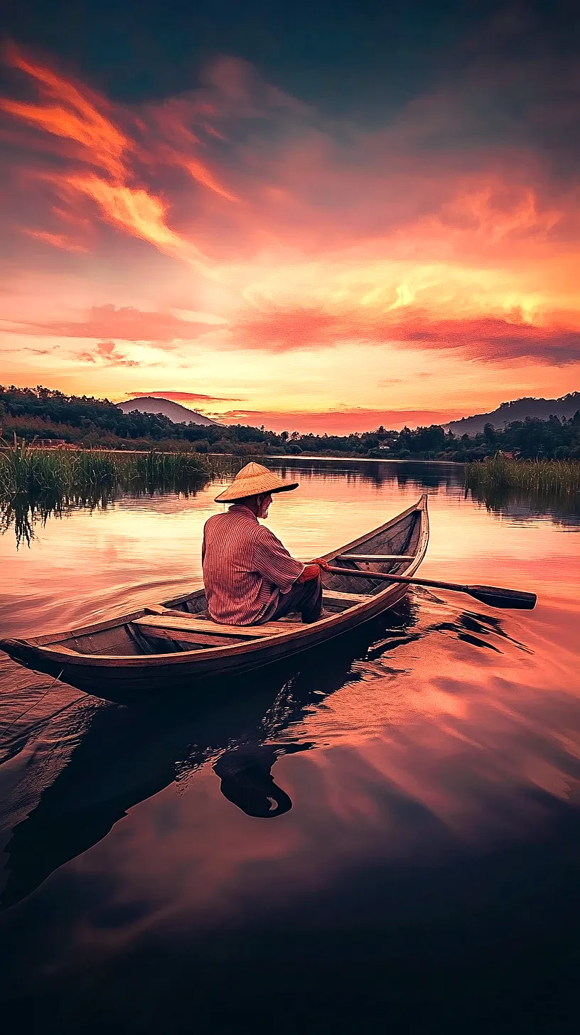 30+ Fisherman Aesthetic Wallpaper Ideas You Can't Get Around on Internet Right Now 25 Image of a lone boatman on a calm river during a vibrant sunset. The skys colors are reflected in the water, creating a mesmerizing mirror effect, symbolizing peace, tranquility, and the beauty of simplicity and solitude.