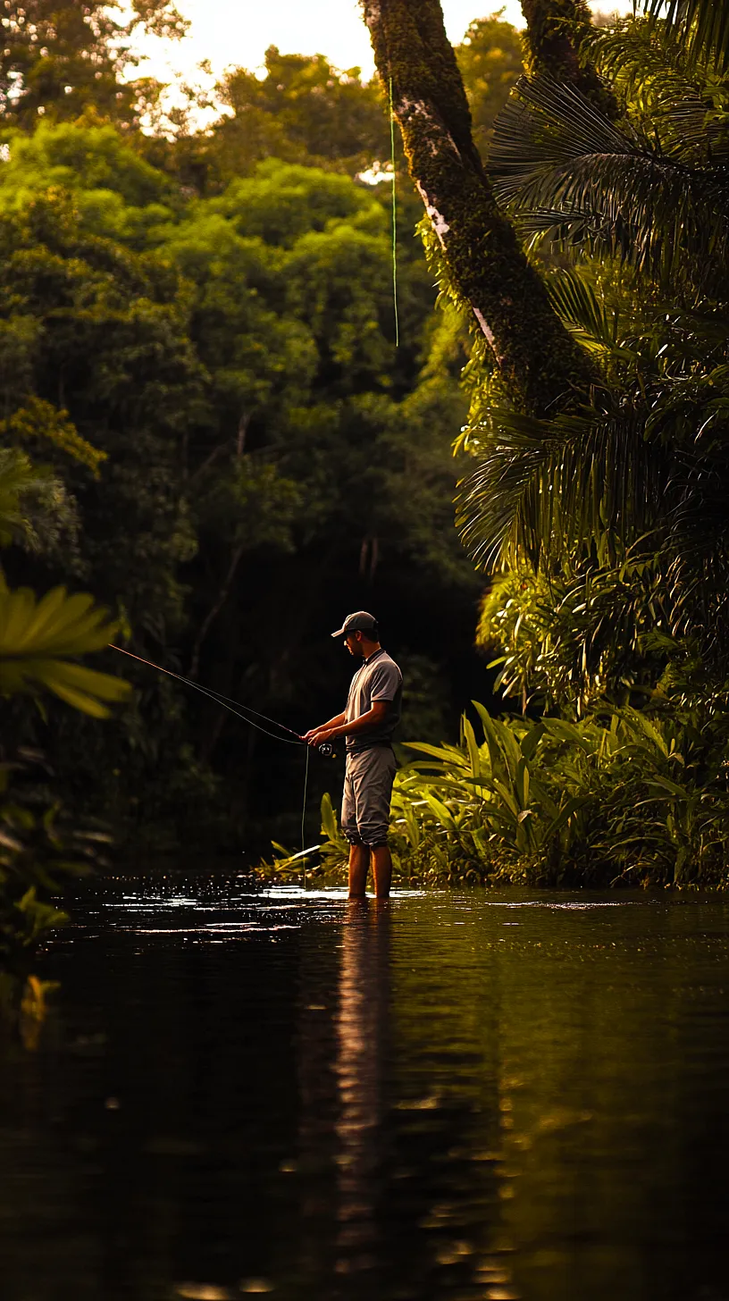 30+ Fisherman Aesthetic Wallpaper Ideas You Can't Get Around on Internet Right Now 24 Image of a person in casual attire and a cap fishing in a serene natural landscape, bathed in warm, magical lighting suggestive of sunrise or sunset, embodying tranquility and the simple pleasures of life.