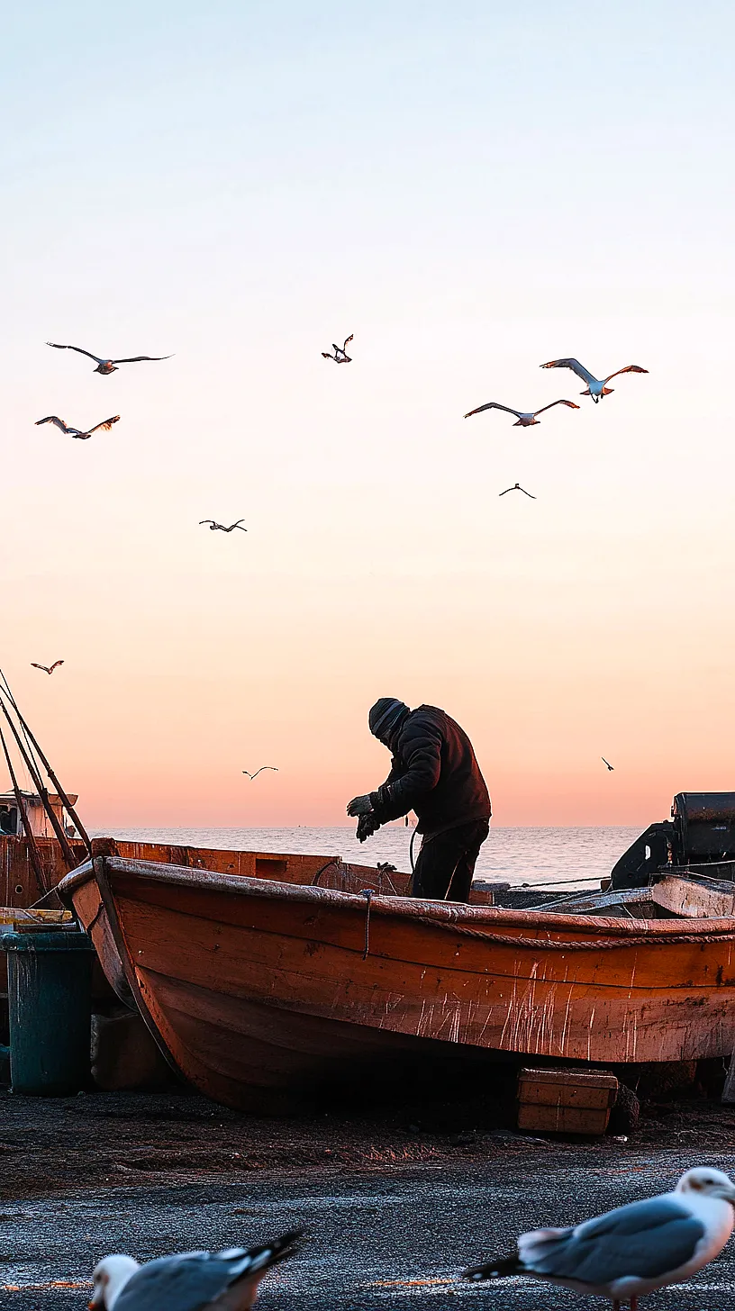 30+ Fisherman Aesthetic Wallpaper Ideas You Can't Get Around on Internet Right Now 26 Image of a person working on a wooden boat during sunrise or sunset with a soft gradient of colors blending the sky and waterfront, seagulls flying and resting nearby, creating a serene and tranquil nature scene.