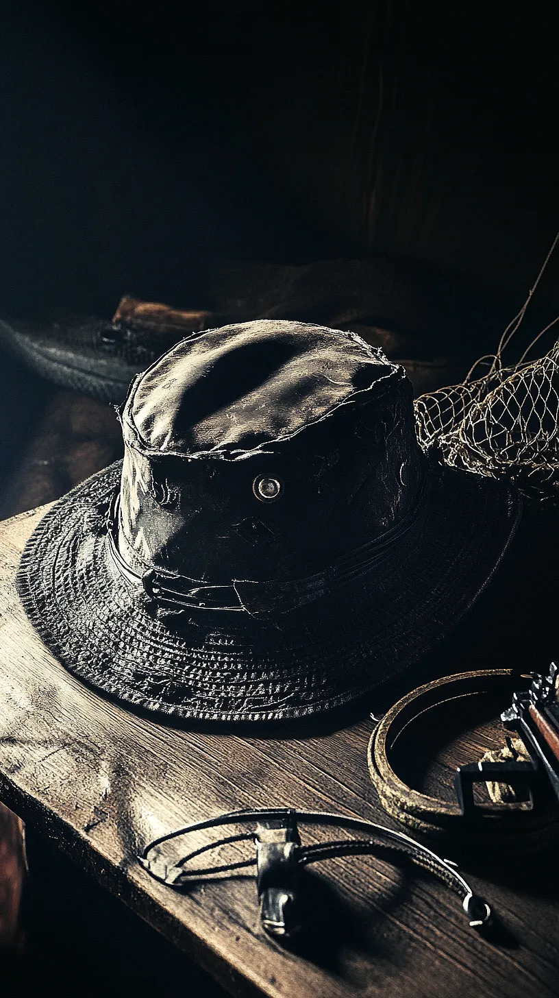 30+ Fisherman Aesthetic Wallpaper Ideas You Can't Get Around on Internet Right Now 19 Vintage boonie hat and gear on a rustic wooden surface, illuminated by soft lighting. The objects are characterized by worn-out details, leather straps, and a net, evoking a sense of nostalgia and adventure.