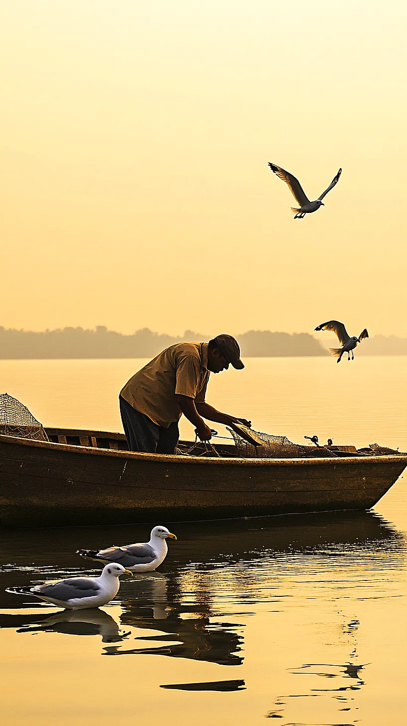 30+ Fisherman Aesthetic Wallpaper Ideas You Can't Get Around on Internet Right Now 11 Person fishing on a serene open sea during golden sunrise or sunset, encapsulating a tranquil atmosphere with the sound of waves and seagulls.