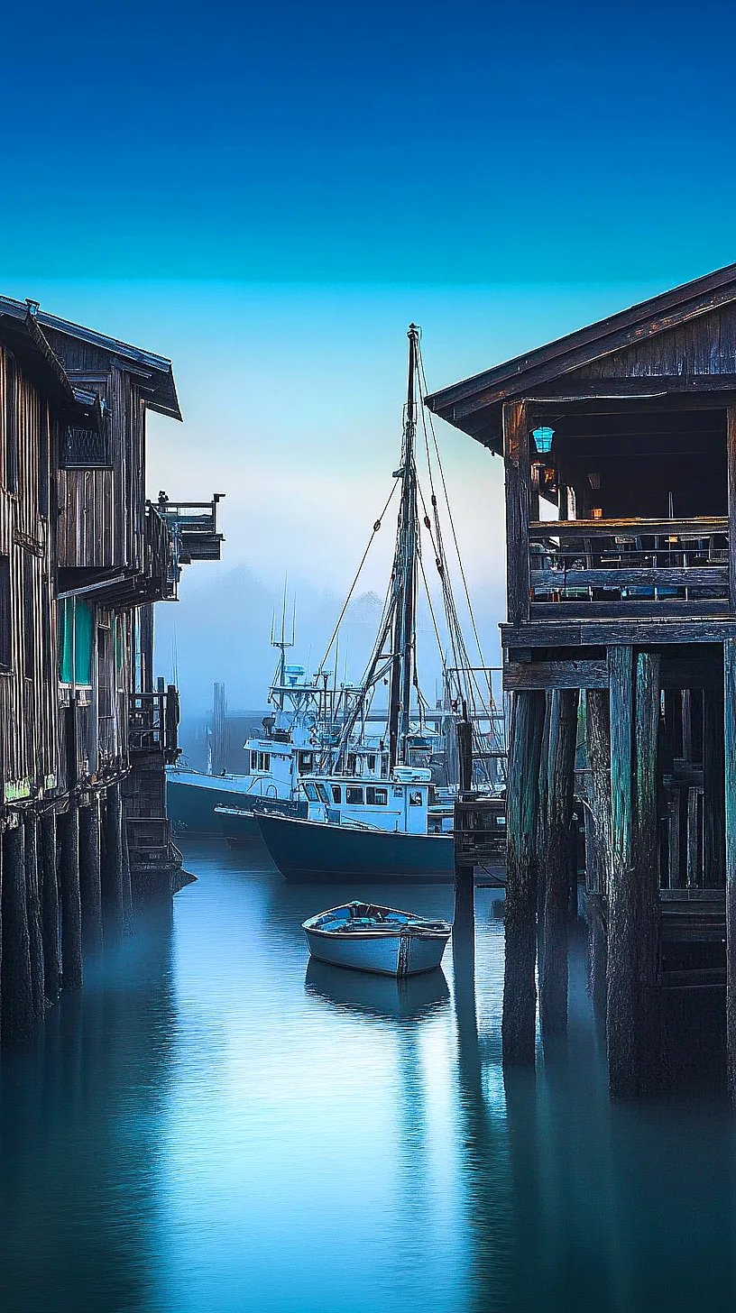 30+ Fisherman Aesthetic Wallpaper Ideas You Can't Get Around on Internet Right Now 4 Image of a serene harbor enveloped in mist, with calm water reflecting boats and vintage wooden docks. The scene has a mysterious and peaceful atmosphere with a bluish tone suggesting dawn or twilight, and an undefined foggy backdrop for added tranquility.