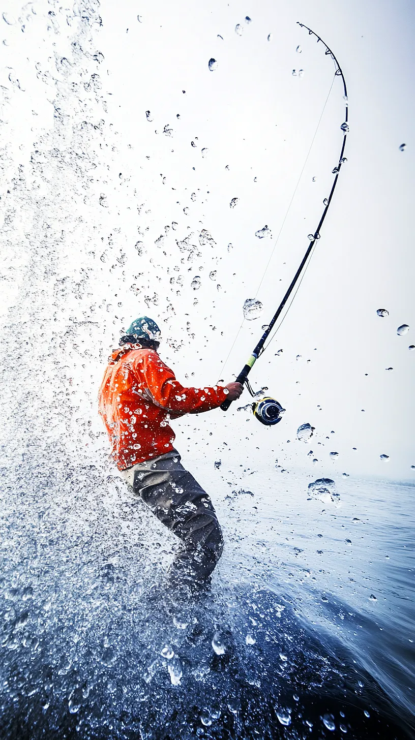 30+ Fisherman Aesthetic Wallpaper Ideas You Can't Get Around on Internet Right Now 17 A person in a dynamic pose casting a fishing rod while wearing a red jacket, surrounded by splashing water droplets, embodying a sense of adventure and the thrill of fishing.