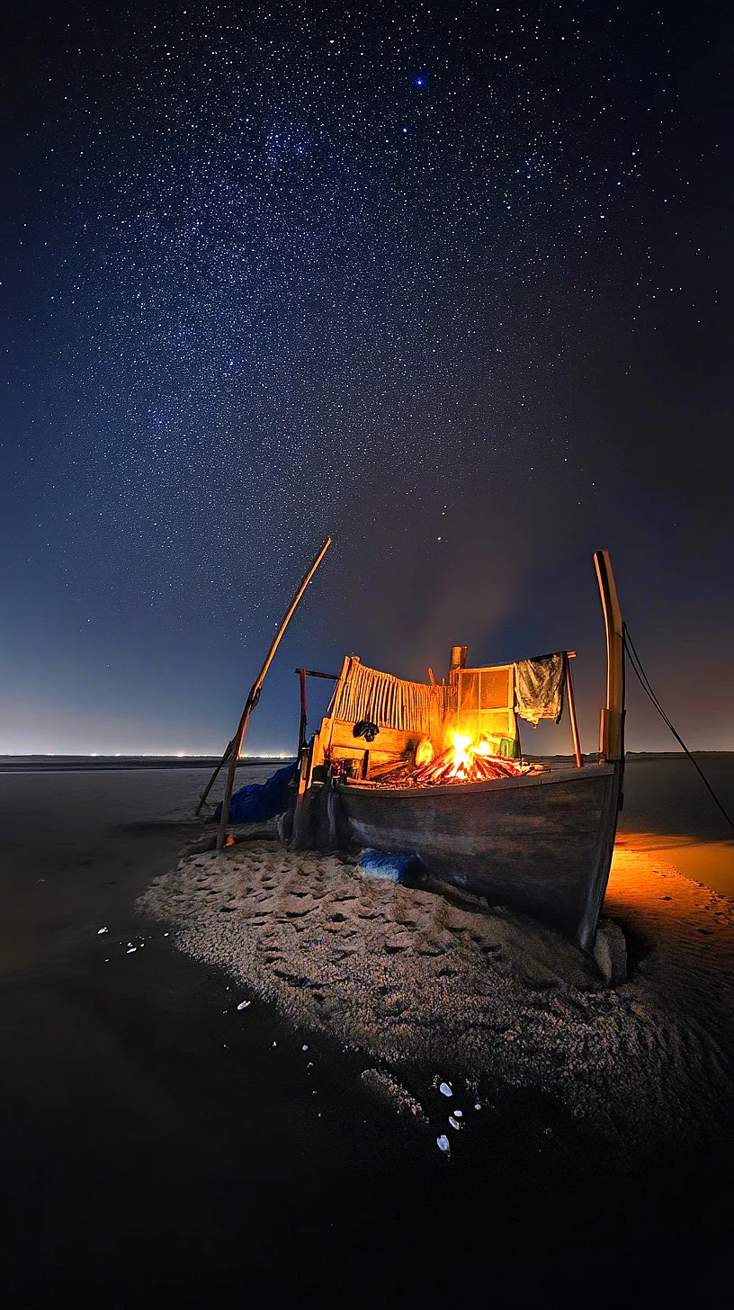 30+ Fisherman Aesthetic Wallpaper Ideas You Can't Get Around on Internet Right Now 28 An image depicting a peaceful evening at the beach under a star-studded sky. A warm campfire illuminates a wooden boat and surrounding sand, creating a striking contrast against the dark night. The image beautifully encapsulates the enigmatic allure of the sea and night.