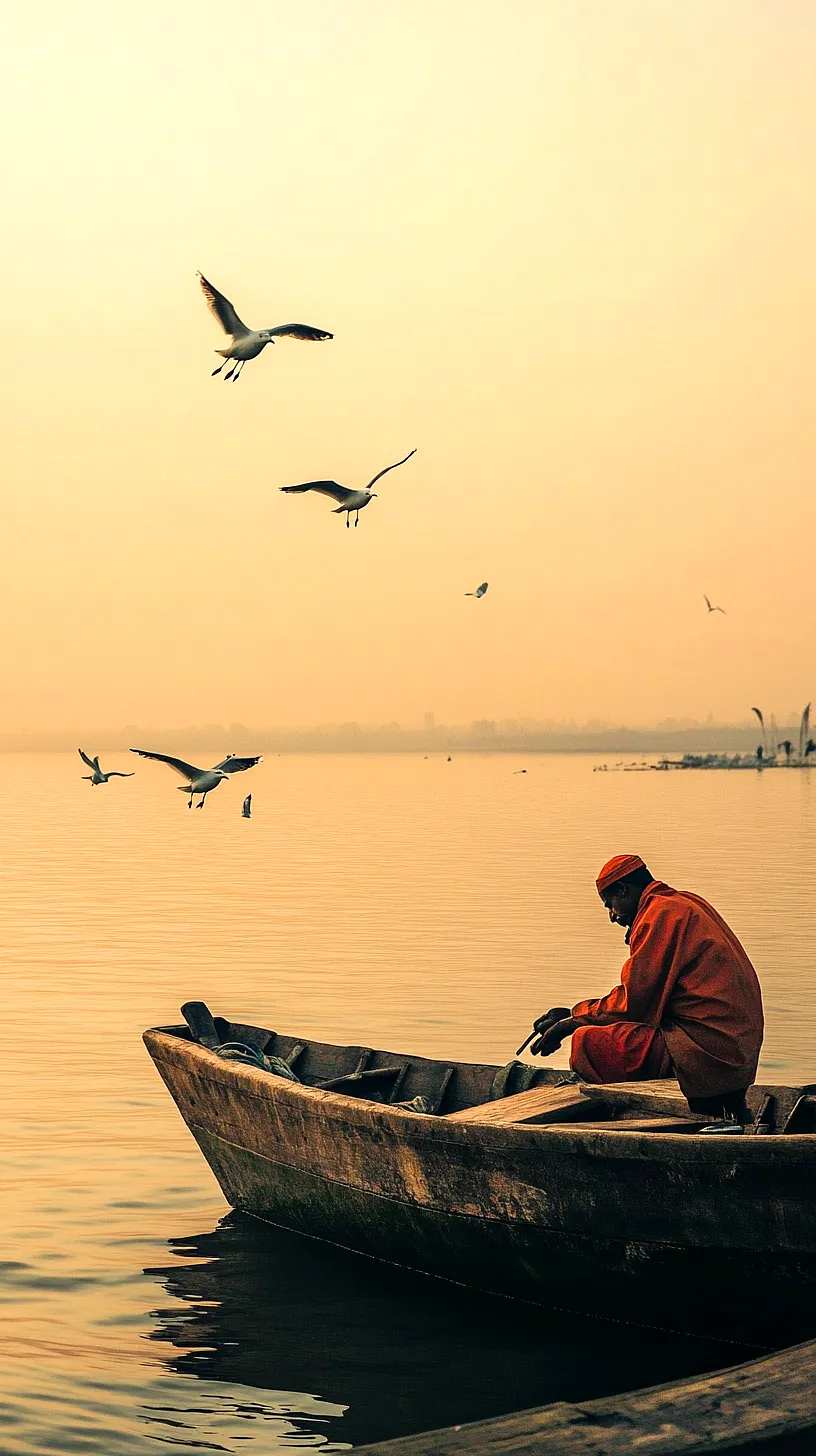 30+ Fisherman Aesthetic Wallpaper Ideas You Can't Get Around on Internet Right Now 29 A wooden boat on serene waters at sunset, with birds in flight overhead, all bathed in a warm, golden hue, capturing a moment of tranquility.