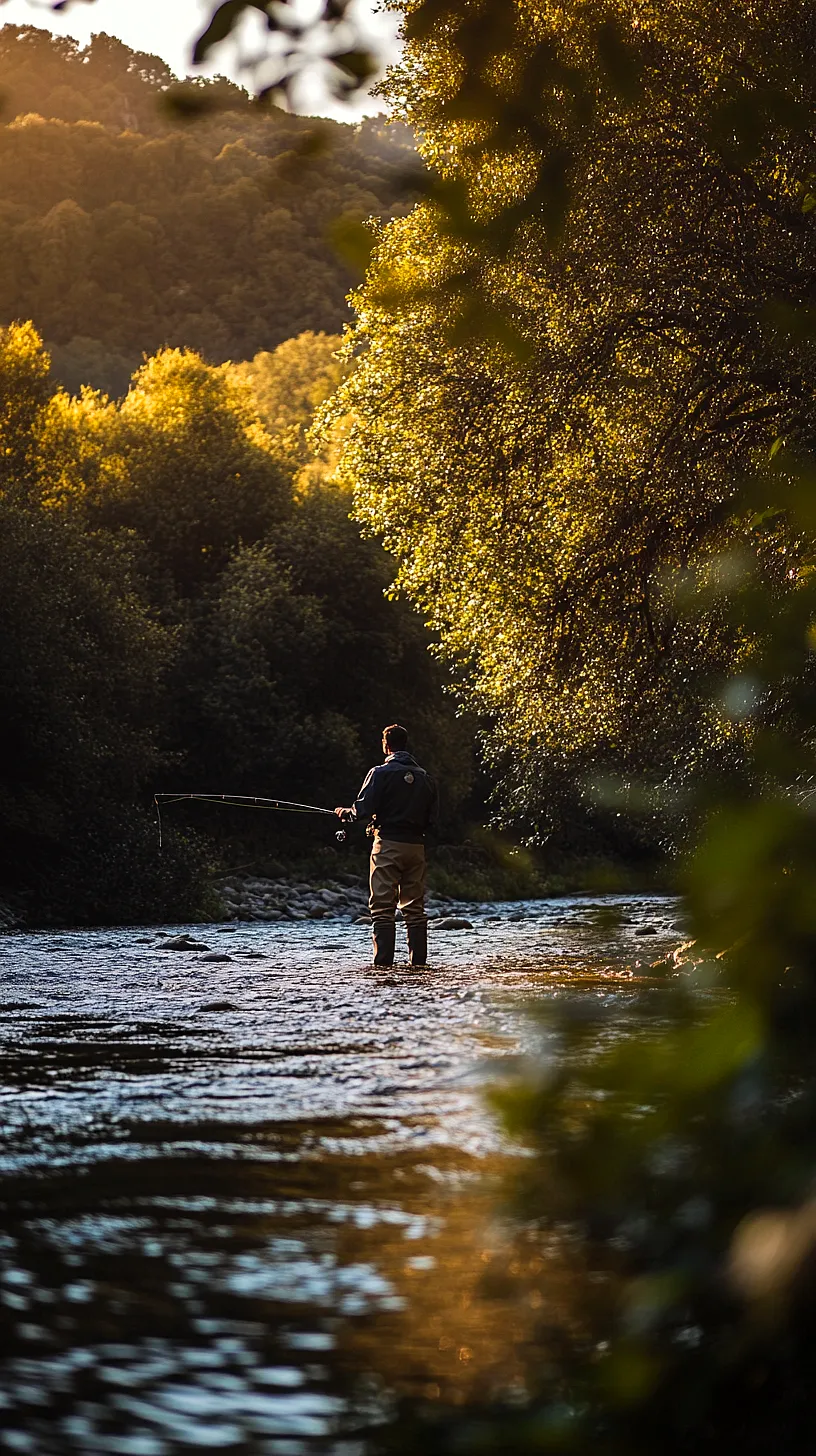 30+ Fisherman Aesthetic Wallpaper Ideas You Can't Get Around on Internet Right Now 32 Image of a fisherman in a tranquil river setting, surrounded by lush greenery, equipped with detailed fly fishing gear, under a warm sunlight.