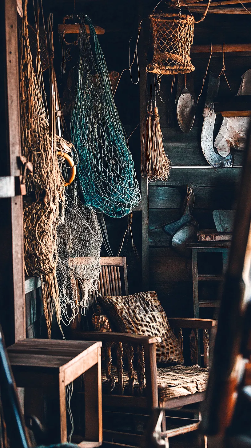 30+ Fisherman Aesthetic Wallpaper Ideas You Can't Get Around on Internet Right Now 7 Rustic maritime-themed interior with fishing nets and vintage tools hanging on the walls, a cozy woven cushion on a wooden chair, resembling an authentic fishermans cottage.