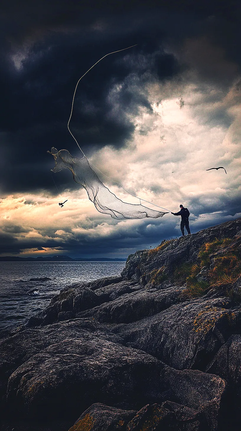 30+ Fisherman Aesthetic Wallpaper Ideas You Can't Get Around on Internet Right Now 21 A solitary figure casting a net on a dramatic seaside under a dark, cloudy sky, surrounded by birds in flight, representing the raw beauty and unpredictability of nature.