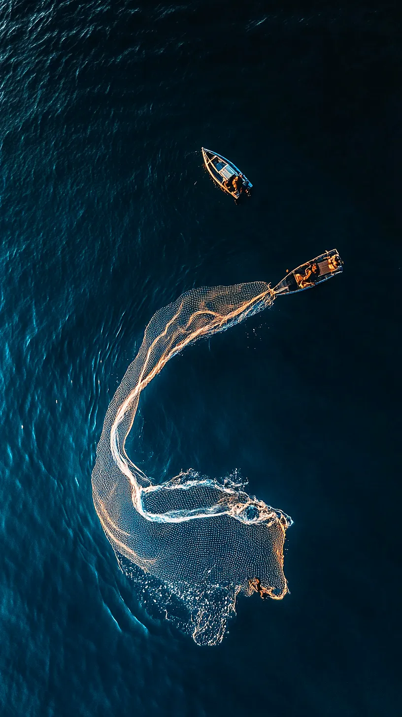 30+ Fisherman Aesthetic Wallpaper Ideas You Can't Get Around on Internet Right Now 6 Two boats on a shimmering body of water, illuminated by sunlight hitting the water and a fishing net, depicting a blend of hard work and tranquility from an aerial view.
