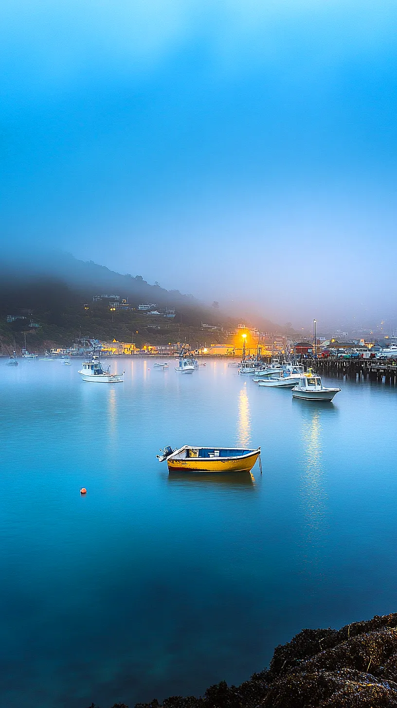30+ Fisherman Aesthetic Wallpaper Ideas You Can't Get Around on Internet Right Now 3 Image of a serene harbor with calm water and a foggy hill in the background, featuring a prominent yellow boat in the foreground, creating a harmonious and tranquil piece of art.