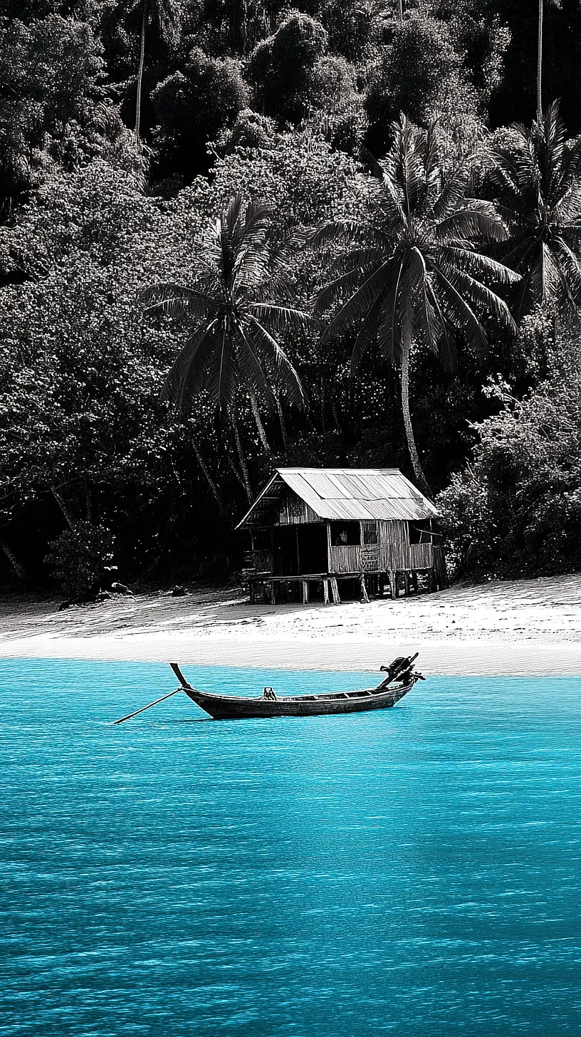30+ Fisherman Aesthetic Wallpaper Ideas You Can't Get Around on Internet Right Now 14 Alt-Text: An image depicting a peaceful yet adventurous scene featuring a wooden boat floating on sparkling blue water, with a rustic cabin hidden amongst dense, tall palm trees, evoking feelings of tranquility, curiosity and joy, representative of a tropical paradise.
