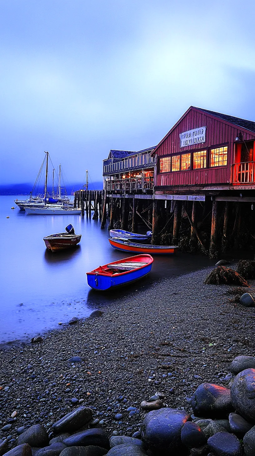 30+ Fisherman Aesthetic Wallpaper Ideas You Can't Get Around on Internet Right Now 2 Tranquil waterfront scene at dusk with a vintage wooden building on stilts, likely a restaurant or shop, warmly lit from within. Moored boats and docked sailboats are visible, suggesting adventure and travel. The foreground features a rocky beach, contributing to a serene and cool aesthetic.