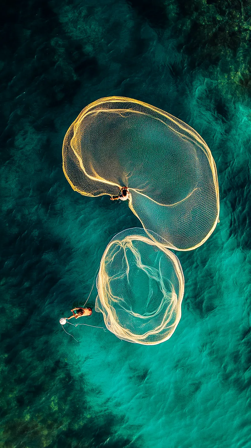 30+ Fisherman Aesthetic Wallpaper Ideas You Can't Get Around on Internet Right Now 5 Image of a fishing net skillfully cast on the stunning blue-green ocean, creating mesmerizing patterns on the waters surface, symbolizing the art of fishing and the allure of the sea.