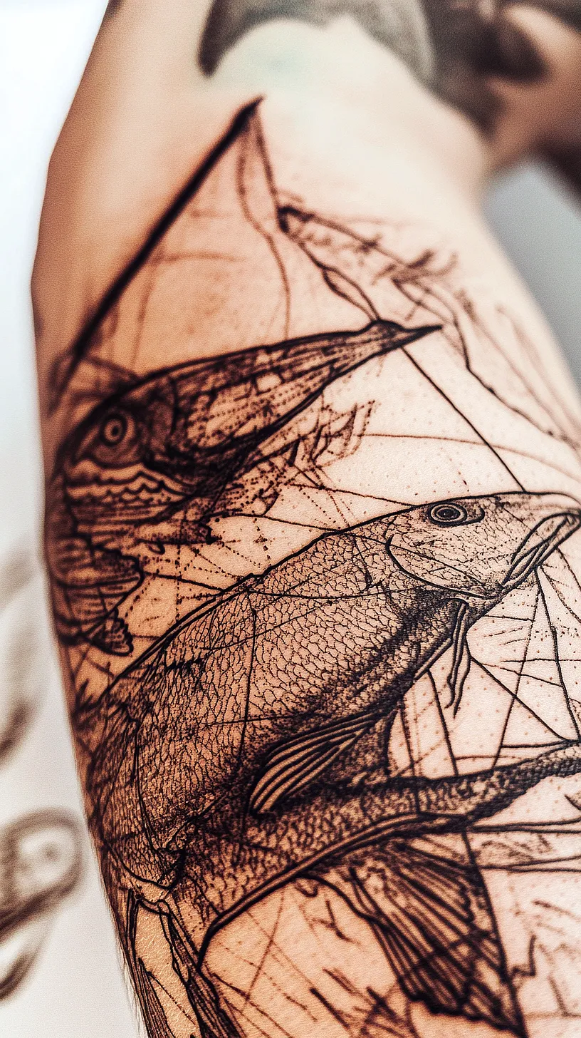 20+ Trendy Fisherman Aesthetic Tattoos Ideas You Need to Try This Year 22 Alt-Text: An intricate tattoo design blending aquatic life and geometric patterns, featuring detailed fish and complex linework. Shading techniques add depth and sophistication to the image.