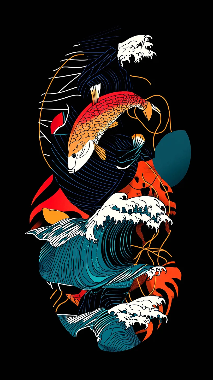 20+ Trendy Fisherman Aesthetic Tattoos Ideas You Need to Try This Year 20 Artistic design of a vibrantly colored koi fish, seemingly dancing amid dynamic ocean waves against a dark background, exuding a traditional Japanese vibe with undefined elements, allowing room for personal interpretation.