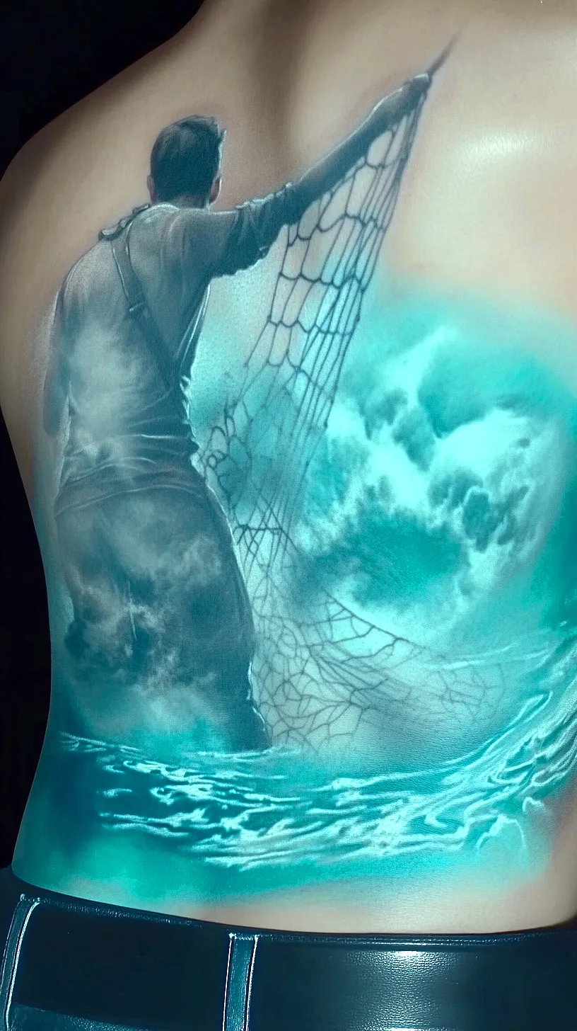 20+ Trendy Fisherman Aesthetic Tattoos Ideas You Need to Try This Year 17 Alt-Text: A detailed tattoo design featuring a person holding a fishing net amidst a swirling sea. The image is predominantly in shades of blue and white, creating a dynamic, yet calming ocean scene.