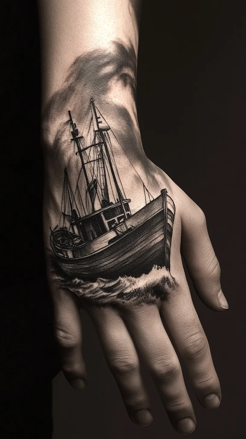 20+ Trendy Fisherman Aesthetic Tattoos Ideas You Need to Try This Year 11 Alt-Text: Ein detailliertes, realistisches Tattoo eines Schiffs auf einer Hand, mit einem 3D-Effekt durch Schattierung, das ein Gefühl von Abenteuer und Widerstandsfähigkeit vermittelt.