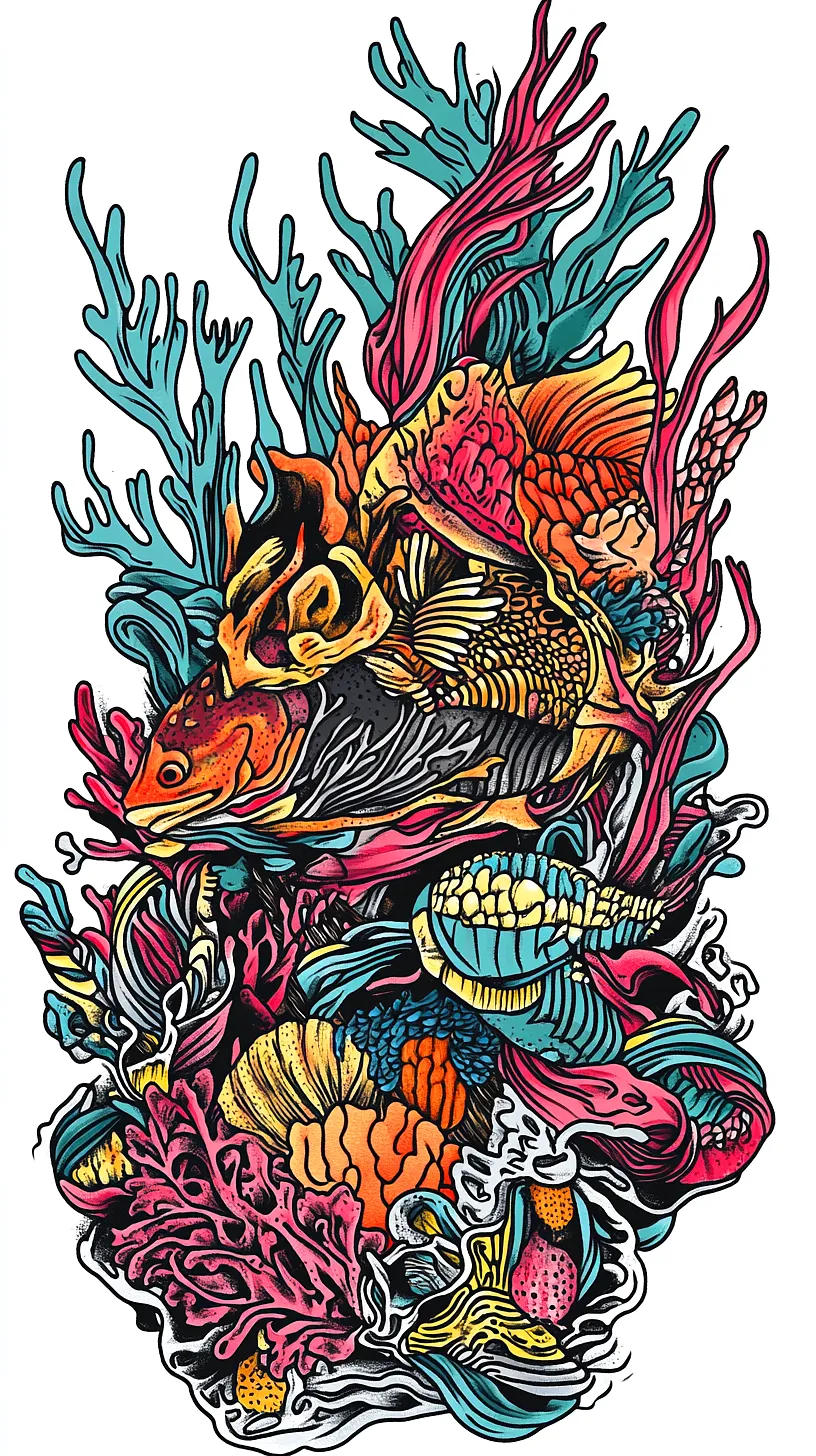 20+ Trendy Fisherman Aesthetic Tattoos Ideas You Need to Try This Year 23 Abstract painting of a vibrant underwater scene showcasing a variety of marine life in bold colors of orange, pink, blue, and yellow, with detailed depictions of fish, coral, seashells, and seaweed.