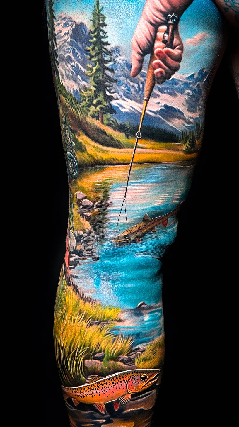 20+ Trendy Fisherman Aesthetic Tattoos Ideas You Need to Try This Year 16 Alt-Text: A vibrant and detailed tattoo design featuring a mountain scene with pine trees and a river. A hand holding a fishing line is foregrounded, with a fish in the water, representing a realistic and captivating depiction of nature and fishing.