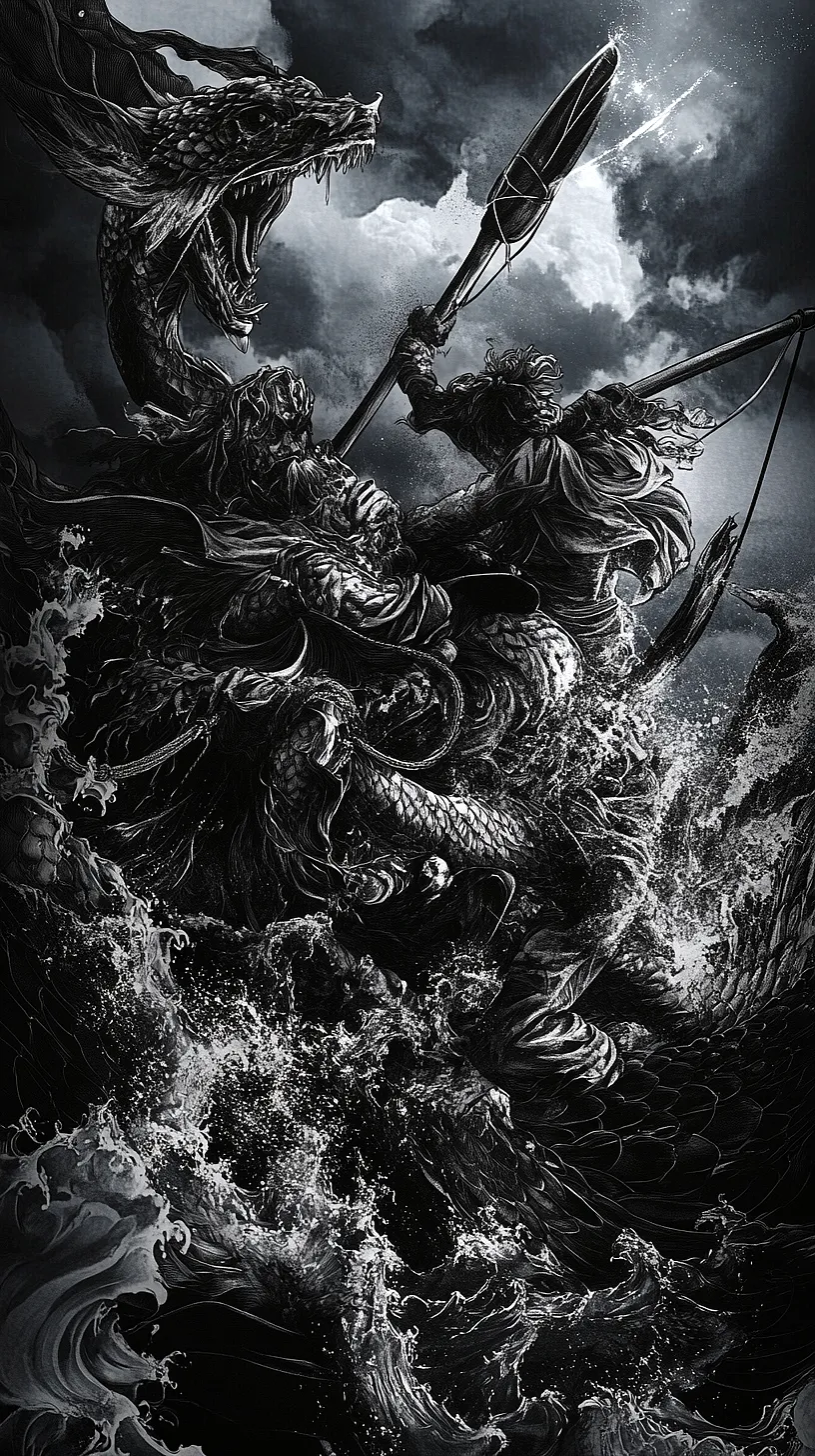 20+ Trendy Fisherman Aesthetic Tattoos Ideas You Need to Try This Year 27 Dramatic black and white illustration of a warrior poised to strike a huge sea serpent amidst a stormy sea and crashing waves, highlighting detailed mythical atmosphere.