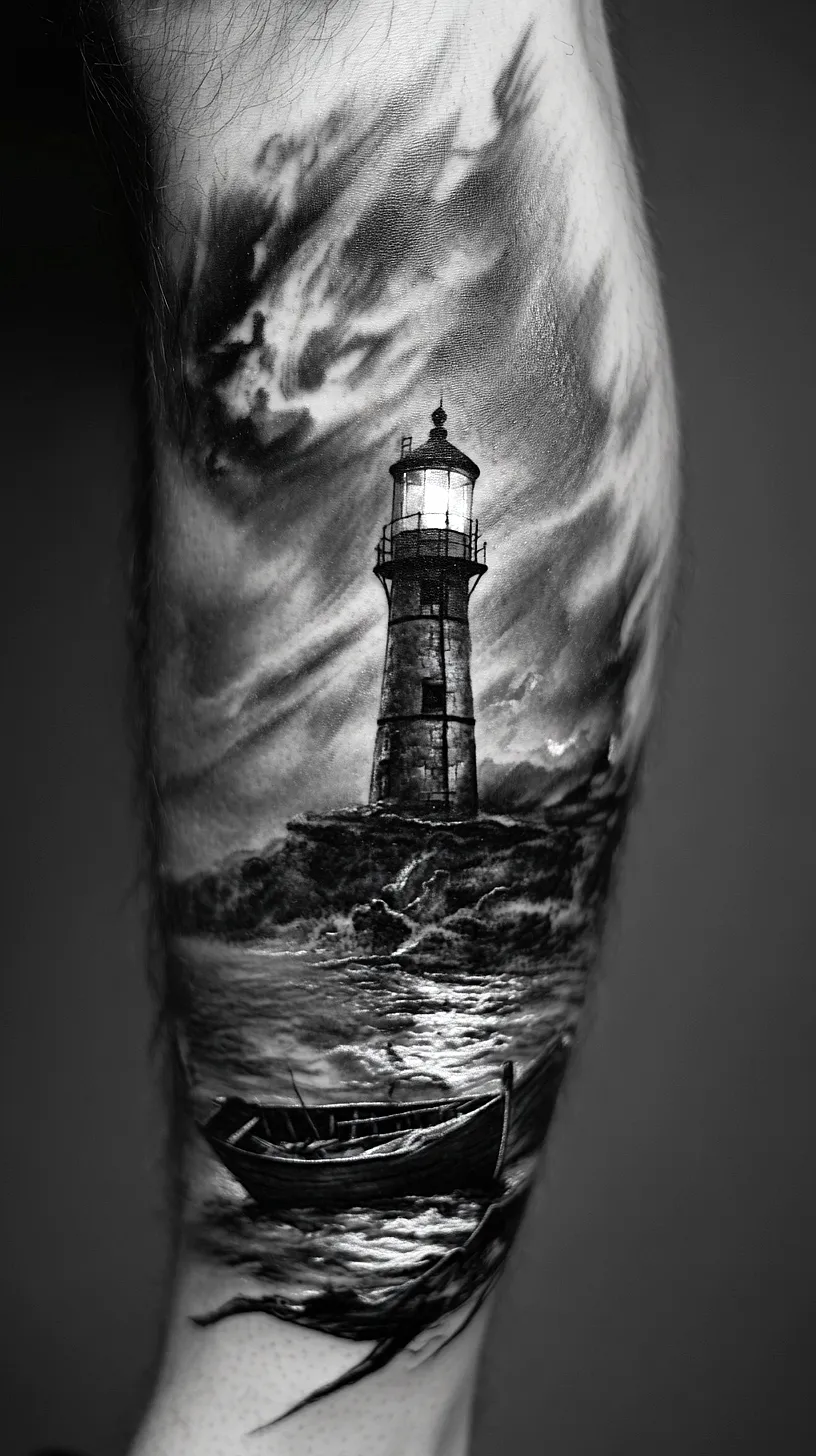 20+ Trendy Fisherman Aesthetic Tattoos Ideas You Need to Try This Year 24 Alt-Text: A detailed and realistic black and gray tattoo depicting a strong lighthouse on a rocky outcrop under a turbulent sky, symbolizing resilience and guidance. A small boat is included in the scene, indicating a sense of adventure and exploration.