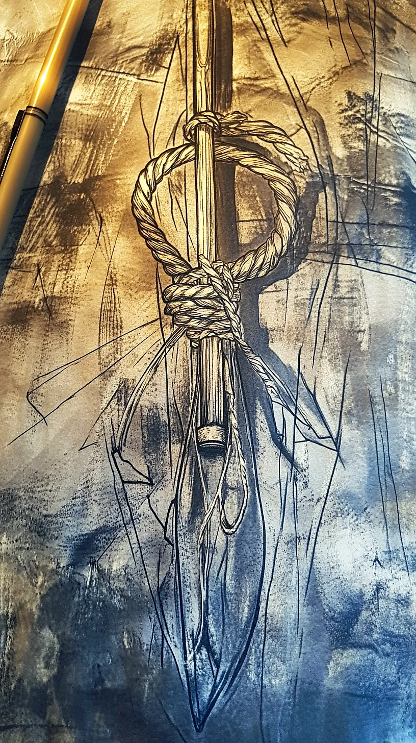 20+ Trendy Fisherman Aesthetic Tattoos Ideas You Need to Try This Year 25 Alt-Text: Detailed drawing of a spear with a textured rope tied around it, shown against a sketch-like background. A pen is casually placed to the left, adding a work-in-progress feel to the image.