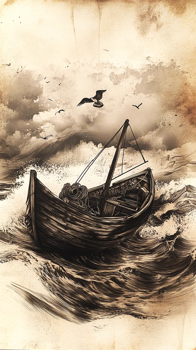 20+ Trendy Fisherman Aesthetic Tattoos Ideas You Need to Try This Year 10 Sepia-toned illustration of a small wooden boat navigating rough seas, surrounded by crashing waves and circling seagulls, depicting a dramatic maritime scene.