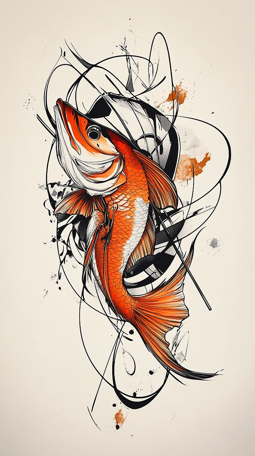 20+ Trendy Fisherman Aesthetic Tattoos Ideas You Need to Try This Year 13 Abstract art piece featuring a vibrant orange fish detailed with scales and fins, surrounded by dynamic black and orange brush strokes and splatters, creating a sense of movement and energy.