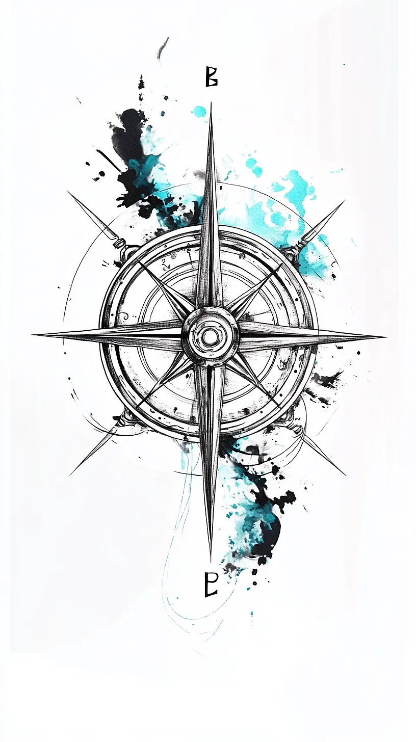 20+ Trendy Fisherman Aesthetic Tattoos Ideas You Need to Try This Year 3 Modern compass design with geometric lines and watercolor effect of blue and black ink splashes, featuring undefined symbols at the top and bottom, blending artistry and exploration.