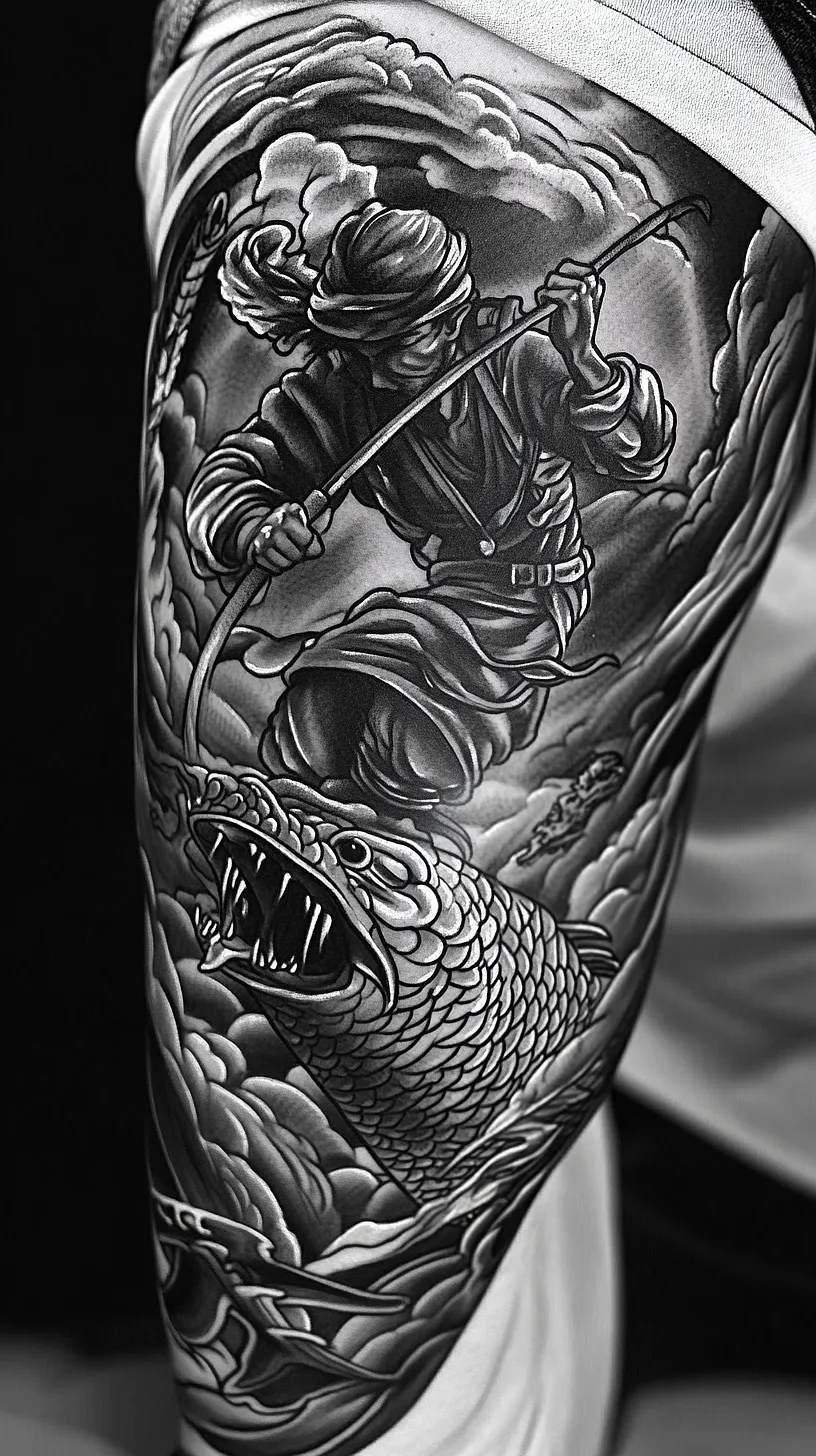 20+ Trendy Fisherman Aesthetic Tattoos Ideas You Need to Try This Year 26 Alt-Text: Image of a unique tattoo design featuring a warrior standing on a fierce fish, surrounded by swirling clouds, symbolising strength and passion. The design is notable for its intricate details.