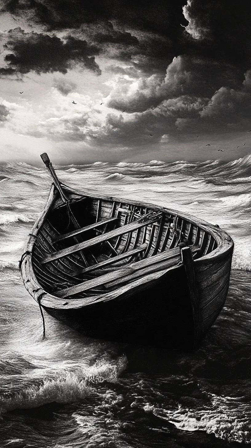 20+ Trendy Fisherman Aesthetic Tattoos Ideas You Need to Try This Year 8 Black and white image of a lone rowboat on a turbulent sea under a dramatic sky, with distant birds adding a touch of life to the scene, conveying a sense of epic adventure and mystery.