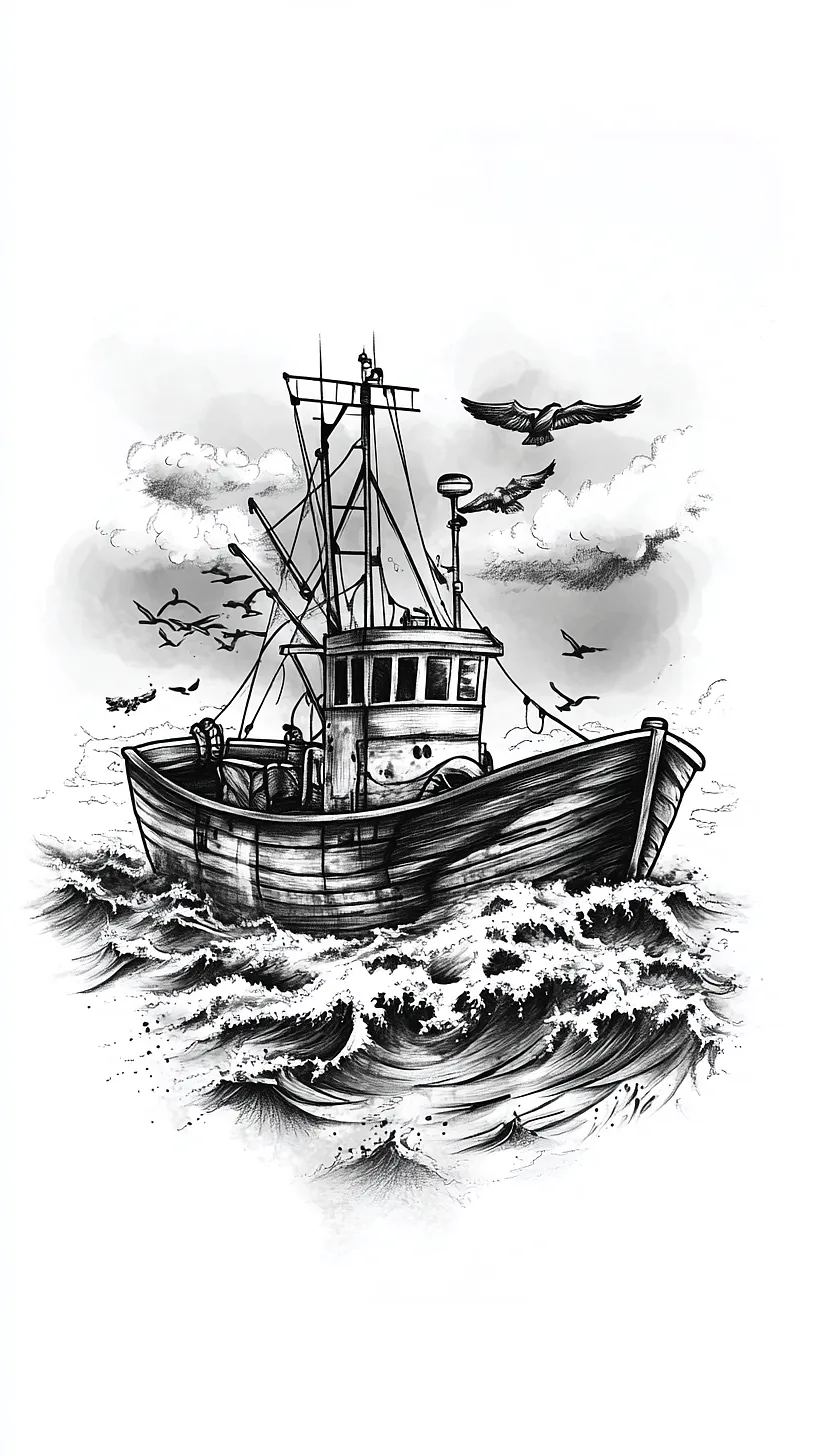 20+ Trendy Fisherman Aesthetic Tattoos Ideas You Need to Try This Year 9 Black and white sketch of a fishing boat navigating through rough seas, surrounded by seagulls and clouds, depicting the raw power of nature.