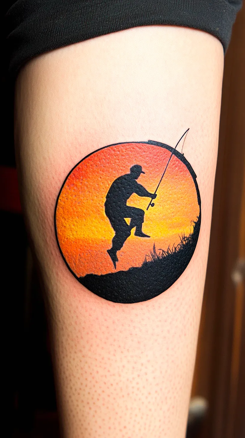 20+ Trendy Fisherman Aesthetic Tattoos Ideas You Need to Try This Year 7 Alt-Text: A captivating tattoo design featuring the silhouette of a person fishing, set against a vivid backdrop of sunset hues in orange and yellow, embodying a serene moment in nature.