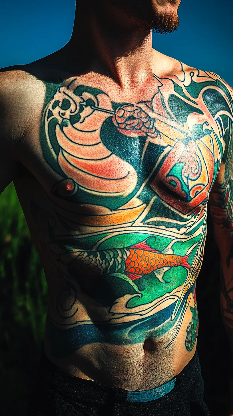 20+ Trendy Fisherman Aesthetic Tattoos Ideas You Need to Try This Year 19 An image of a vibrant, traditional Japanese style tattoo featuring a prominent koi fish design. The tattoo is a mix of abstract patterns and undefined shapes, creating an element of mystery and storytelling.