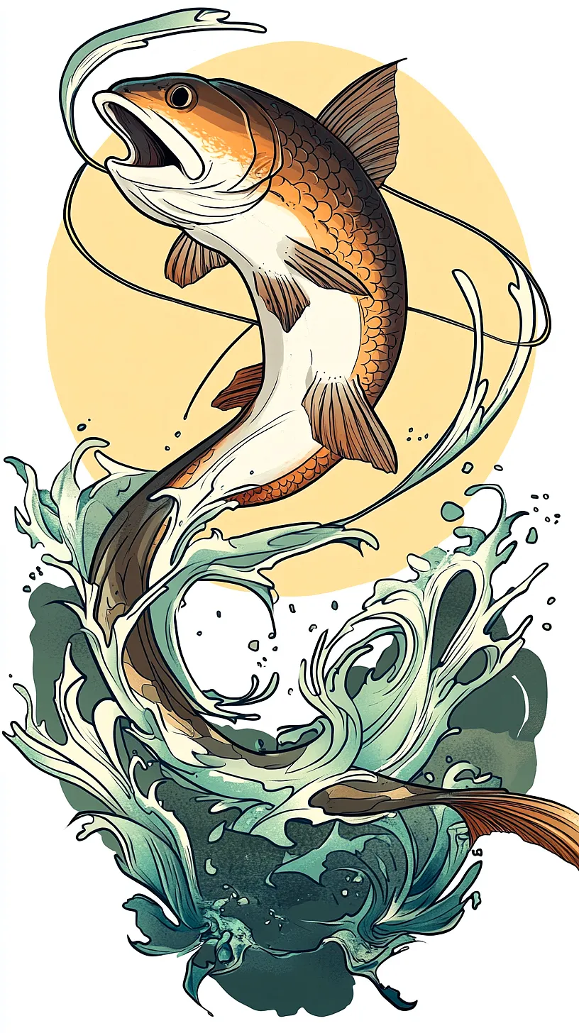 20+ Trendy Fisherman Aesthetic Tattoos Ideas You Need to Try This Year 12 Image of a fish mid-leap out of the water, creating dynamic splashes, with a circular element in the background enhancing the composition of the scene.