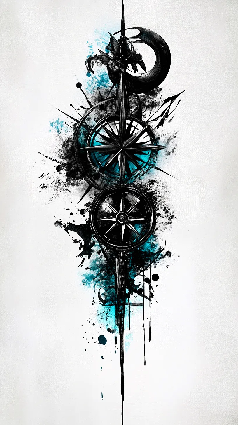 20+ Trendy Fisherman Aesthetic Tattoos Ideas You Need to Try This Year 2 Artistic design combining elements of a treasure map and a fantasy novel, featuring three detailed compass roses stacked vertically, a dragon intertwined at the top, black ink splatters, brush strokes, and a hint of teal blue in the background.