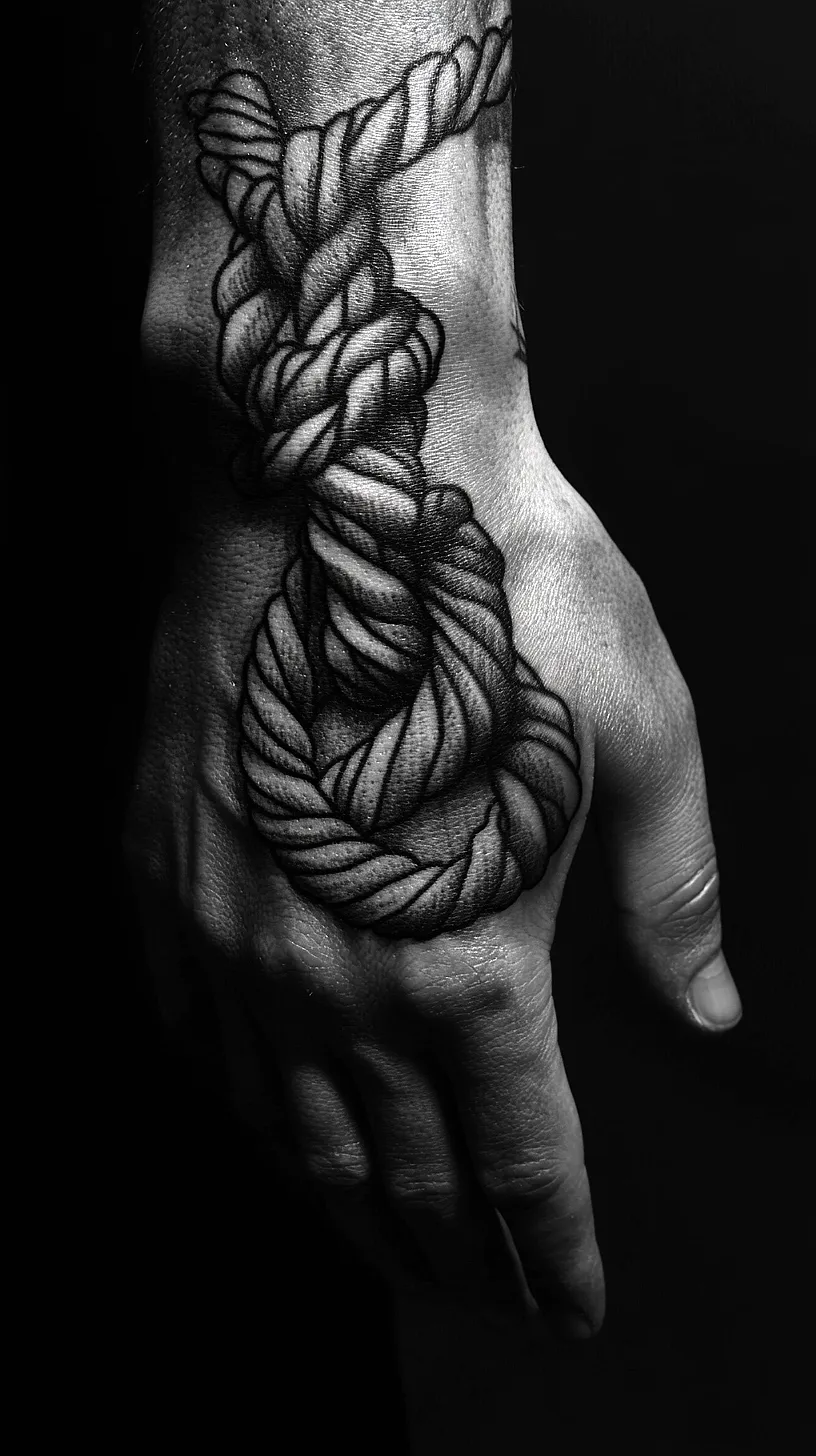 20+ Trendy Fisherman Aesthetic Tattoos Ideas You Need to Try This Year 14 Black and white tattoo of a realistic, three-dimensional rope knot on the back of a hand, with detailed shading giving it a tangible appearance.